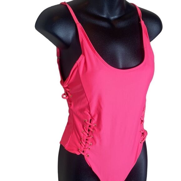Tinibikini hot pink open back lace up front and side one piece bathing suit med - Picture 2 of 6